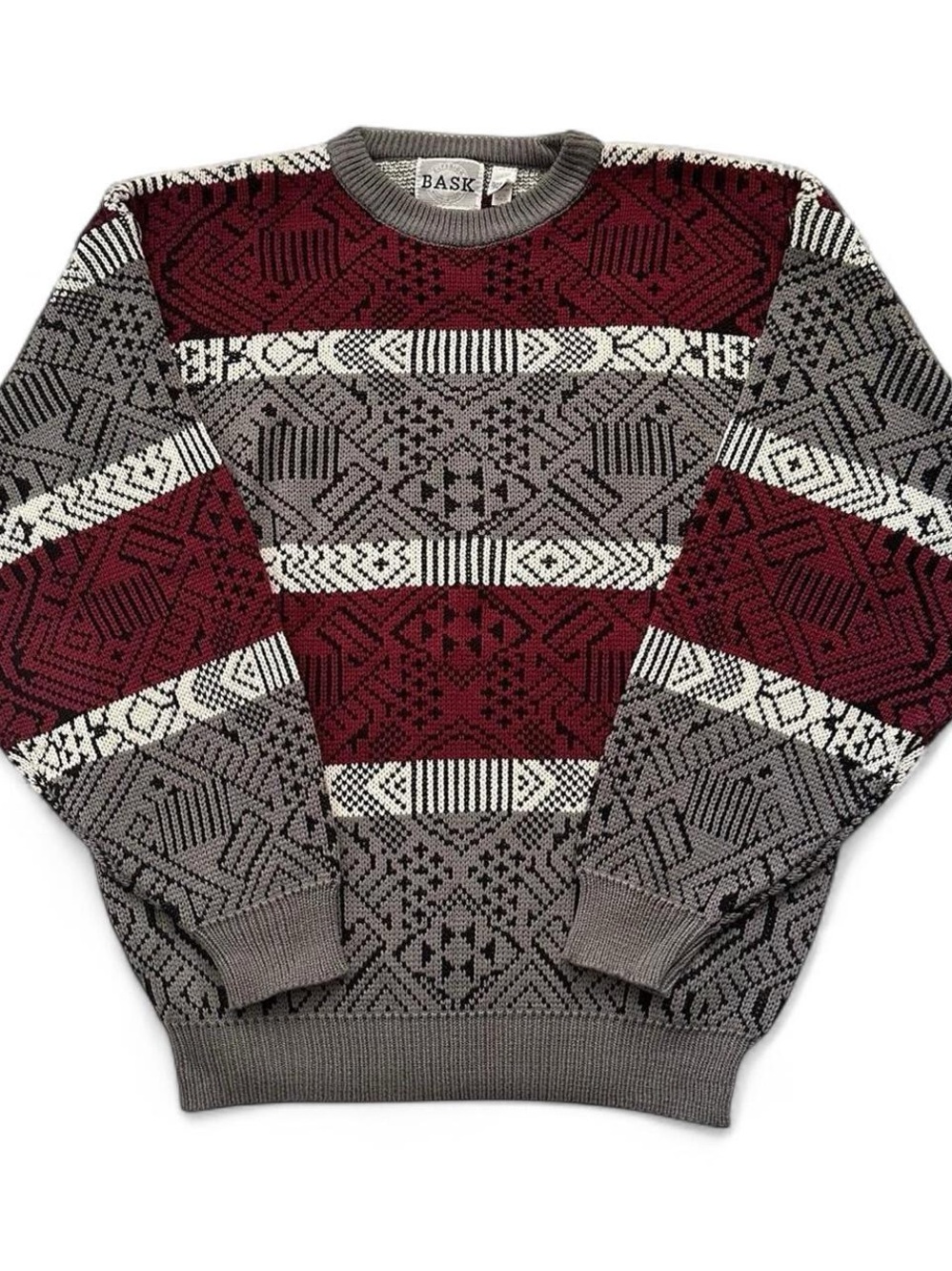 Vintage 1990s Bask Men's western Crewneck Sweater in Burgundy and Gray XL